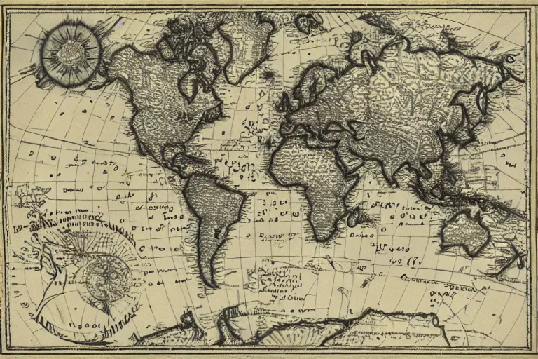 Prompt: the other continent as depicted by the first world travellers, old wide format navigation map with side notes, ink on old paper