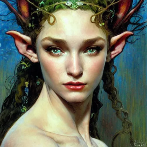 Image similar to head and shoulders portrait of a beautiful elf princess, royo, klimt, miro, vallejo, frazetta, alphonse mucha, greg rutkowski, whealan