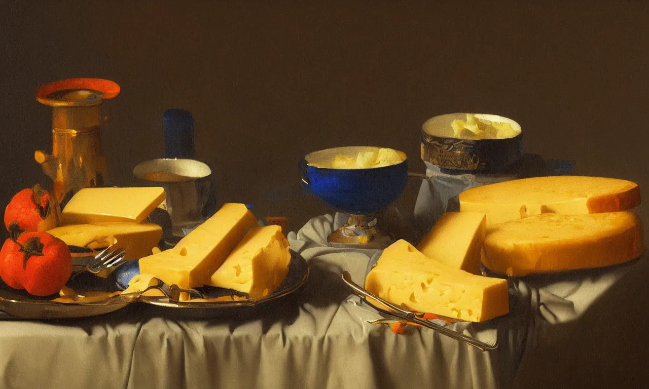 Prompt: still life of a juicy cheesebuger painted by Johannes Vermeer, vivid colors, high details, cinematic, 8k resolution, beautiful detailed, photorealistic, digital painting, artstation, concept art, smooth, sharp focus, illustration, fantasy background, artstation trending, octane render, unreal engine