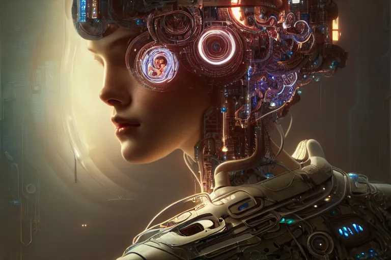 Prompt: ultra realistic, cybernetic human brain covered in circuitry, sci - fi, intricate details, eerie, highly detailed, octane render, 8 k, art by artgerm and alphonse mucha and greg rutkowski