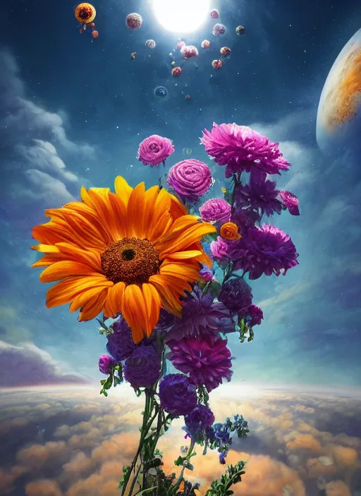 Image similar to An epic fantastic realism comic book style painting of the most beautiful flowers launched into space, bouquets, solar eclipse, fisheye, unreal 5, DAZ, hyperrealistic, octane render, dynamic lighting