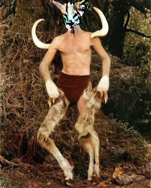 Image similar to actor Roddy McDowell in Elaborate Pan Satyr Goat Man Makeup and prosthetics designed by Rick Baker, Hyperreal, He has goat man legs, cloven feet and horns, He is holding a Pan Flute, he is wearing cargo pants, photos in the style of Annie Leibovitz