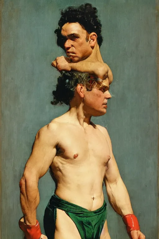 Image similar to body portrait of actor vincent elbaz posing as a wrestler, colour painting by norman rockwell, guidi prime background by carl spitzweg