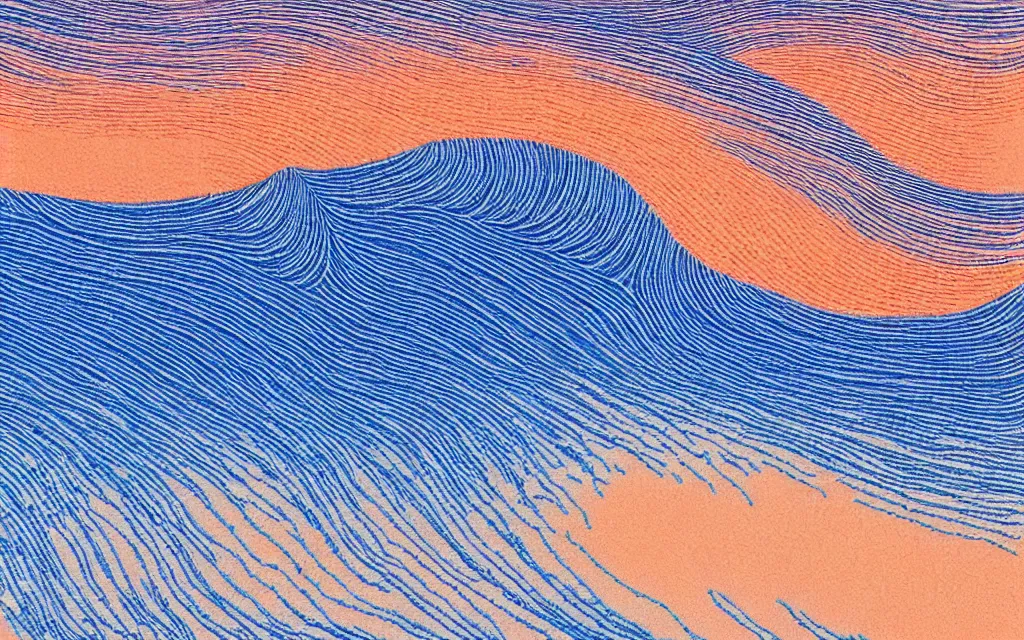 Image similar to a beutiful sunset on a beach, fractal waves. japanese embroidery. retro minimalist art by jean giraud.