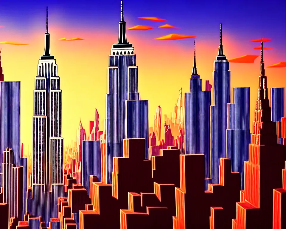 Prompt: new york in the future, empire state building, statue of liberty, city streets, golden hour, perspective artwork, photorealism