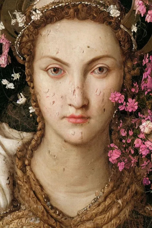 Prompt: hyperrealism close - up mythological portrait of an exquisite medieval woman's shattered face partially made of vinous flowers in style of classicism, wearing white dress, dark palette