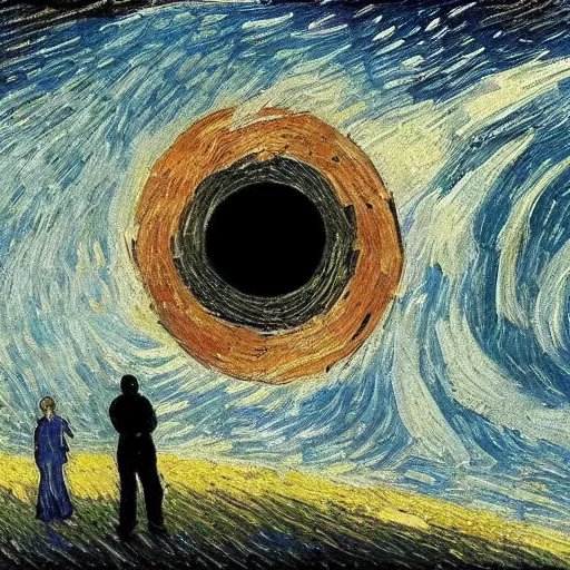 Prompt: interstellar, a black hole in space by vincent van gogh