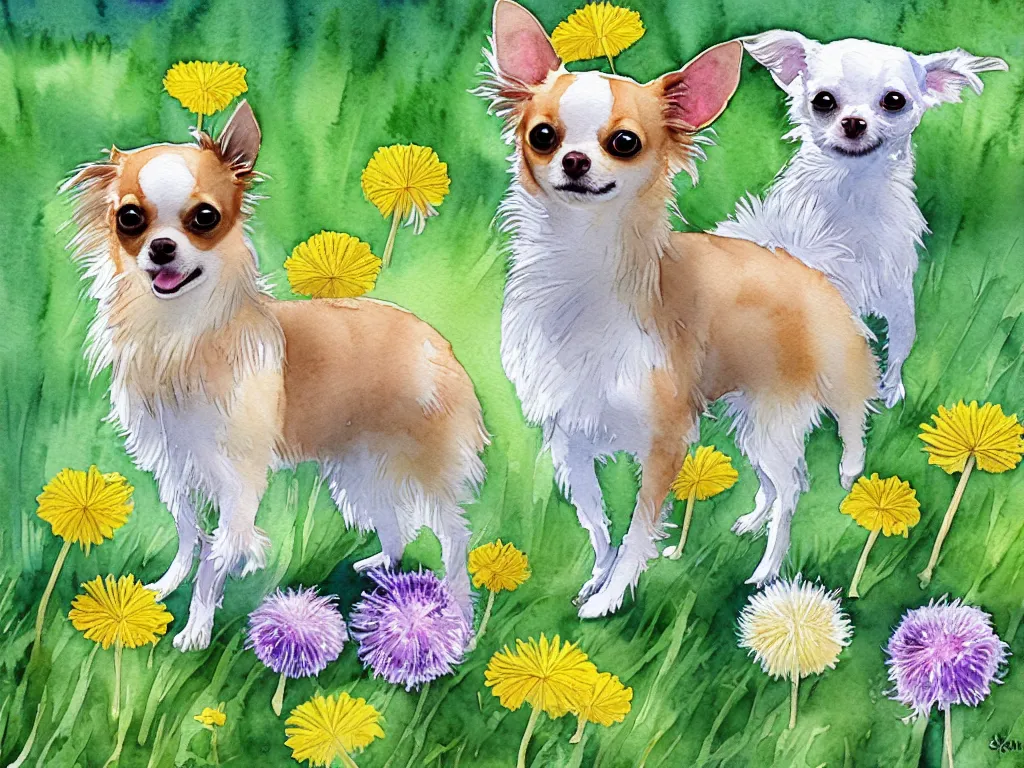 Prompt: watercolor dandelions and Chihuahua in the sun