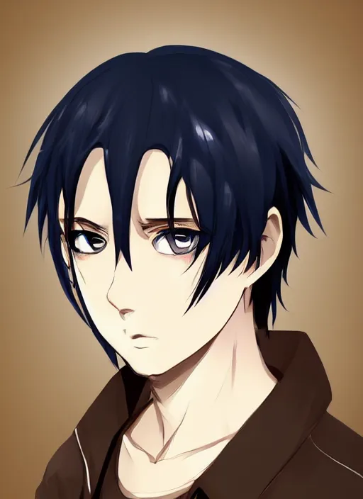 Prompt: anime style portrait, trending on pixiv, black - haired handsome male vampire, focus on face, pretty, cinematic lighting, painterly, long hair, wearing a dark blue shirt, light brown trenchcoat