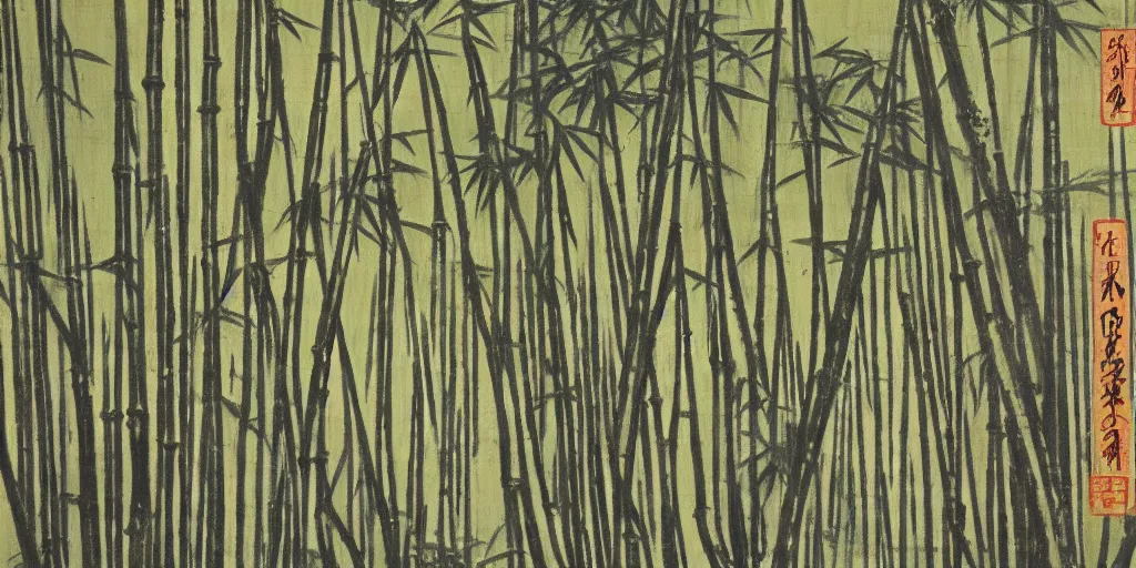 Prompt: a 1 9 6 0 s han dynasty bamboo forest landscape painting