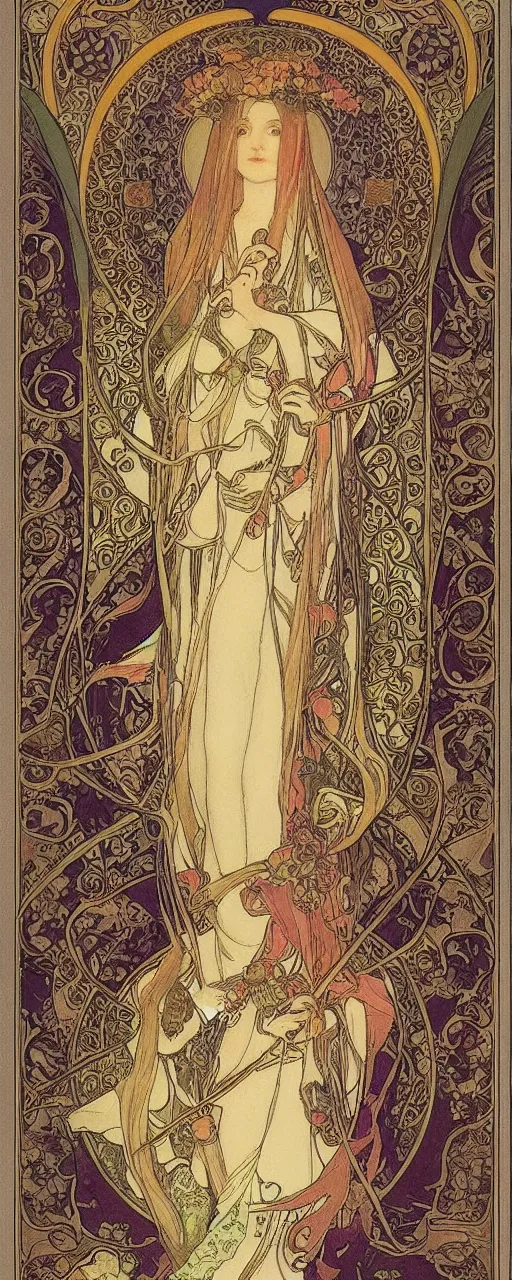 Image similar to the empress, tarot, beautiful border, by alfons maria mucha, highly detailded