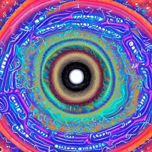 Image similar to A beautiful illustration a large eye that is looking directly at the viewer. The eye is composed of a myriad of colors and patterns, and it is surrounded by smaller eyes. The smaller eyes appear to be in a state of hypnosis, and they are looking in different directions. cosmic nebulae, Phoenician by Shintaro Kago, by Edgar Degas peaceful