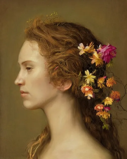 Image similar to a woman's face in profile, long hair made of flowers and vines and fruit, in the style of the Dutch masters and Gregory Crewdson, dark and moody