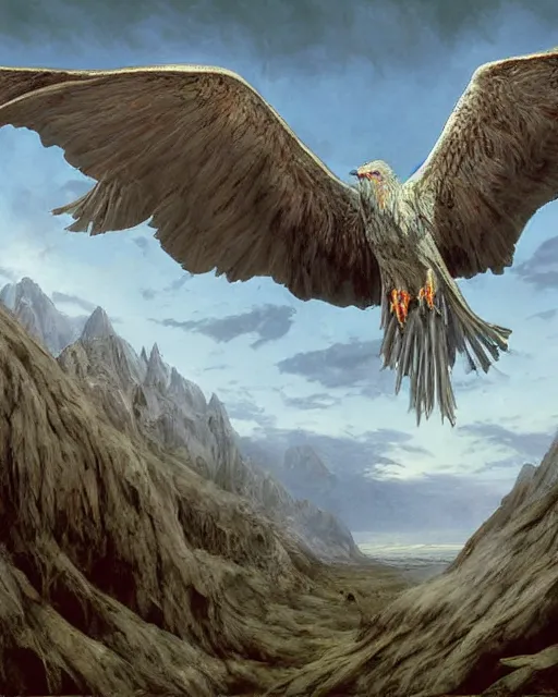 Prompt: wide shot low angle full body hyppogriff from Harry Potter and the Prisoner of Azcaban flying in the sky, highly detailed, sharp focus, digital painting, oil painting, artwork, museum work, by Robert Bateman, by Carl Brenders,