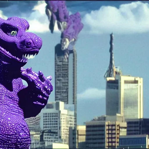 Image similar to barney the purple dinosaur fights godzilla for control of tokyo, file footage