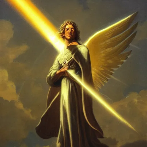 Image similar to an archangel channels a beacon of light through the tip of his sword overhead to the sky, ripples and refractions of light scatter from the tip of his sword pointing towards the sky