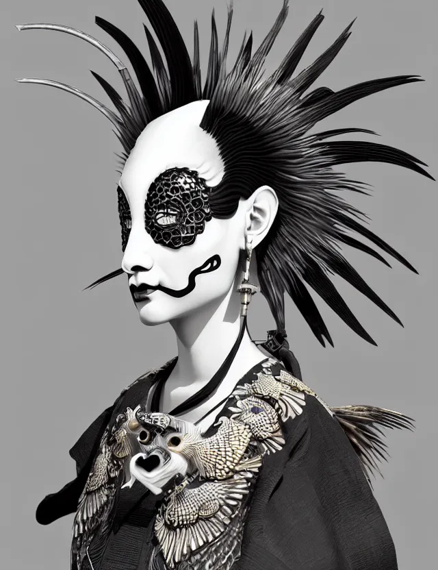 Image similar to 3 d goddess close - up profile simple portrait punk with mohawk with goat skull. beautiful intricately detailed japanese crow kitsune mask and clasical japanese kimono. betta fish, jellyfish phoenix, bio luminescent, plasma, ice, water, wind, creature, artwork by tooth wu and wlop and beeple and greg rutkowski