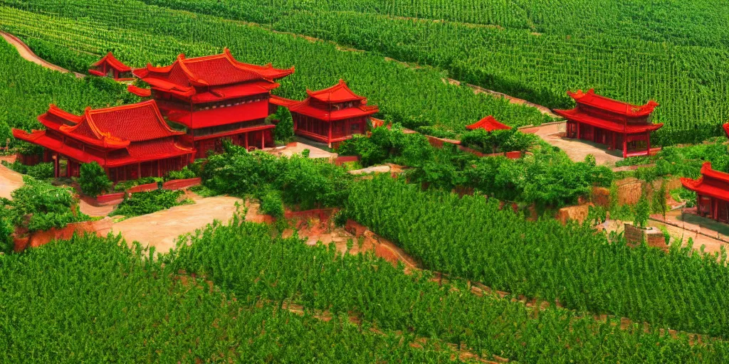 Prompt: A Chinese style winery with red walls and a green roof. The vineyards are sprawling and green, with a river winding through them. In the distance, there are mountains. immaculate scale, hyper-realistic, Unreal Engine, Octane Render, digital art, trending on Artstation, 8k, detailed, atmospheric, immaculate