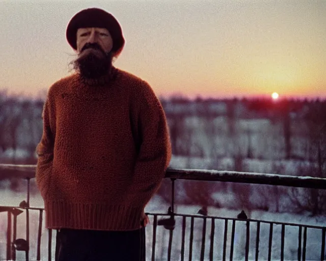 Image similar to award - winning lomographic tarkovsky film still of 4 0 years russian man with beard and sweater standing on small hrushevka 9 th floor balcony in taiga looking at sunset, kodak ektar, bokeh