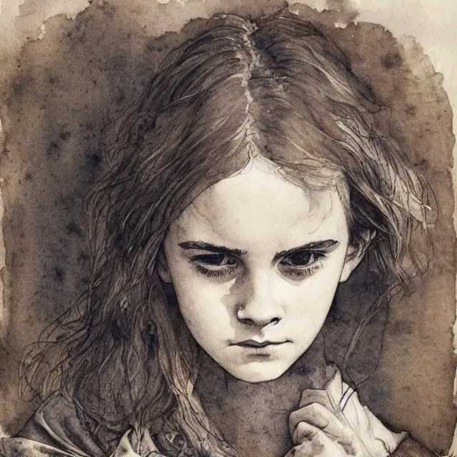 Prompt: a detailed, intricate watercolor and ink portrait illustration with fine lines of young 1 4 year old emma watson, tearful face contorted with grief, by arthur rackham and edmund dulac and lisbeth zwerger