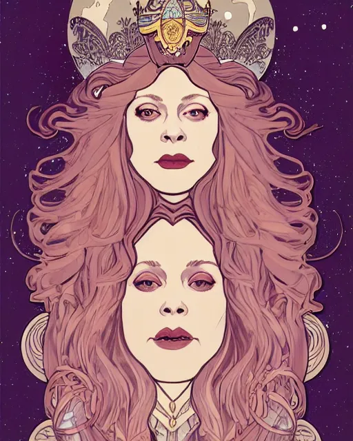 Prompt: a portrait of natasha lyonne as a moon princess knight, draped in transparent cloth, silver armor, flat colors, occult, minimal, swirly, bust by alphonse mucha, decorative art nouveau border, astrophotography, vast cosmos, detailed book illustration, trending on artstation