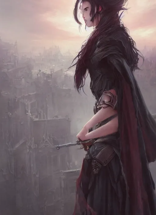 Prompt: a teenage girl with very short dark hair and a tattered grey cloak. she stands on top of a building in a gothic fantasy city. the sky has a red glow and ash is falling. beautiful painting by artgerm and greg rutkowski