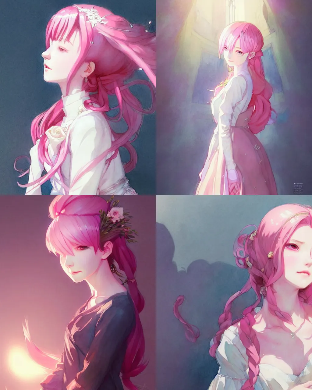 Prompt: portrait of a girl with pink hair and wedding dress in church, illustration, top lighting, perfect shadow, leaning towards watercolor, art by hidari and krenz cushart and wenjun lin and starember