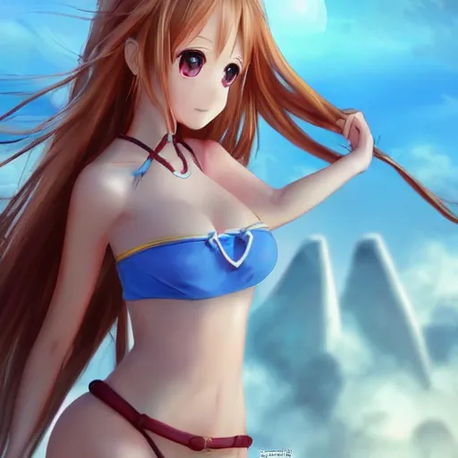 Prompt: a giant macro very beautiful young yuuki asuna, full body, long wavy blond hair, sky blue eyes, full round face,, bikini, miniskirt, stepping on a miniature city, cinematic wallpaper by stanley artgerm lau