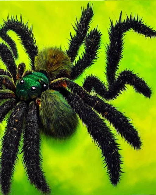 Image similar to Realistic Oil Painting of Cute green animated fuzzy tarantula made out of marijuana leaves thc strain