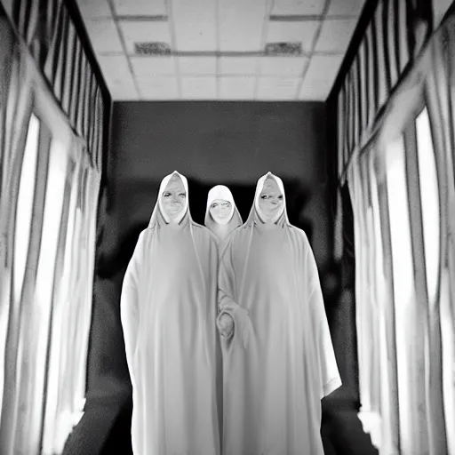 Image similar to nightmare vision, black and white, award winning photo, levitating twin nuns, wearing translucent sheet, Mary in a sanctuary, mirror hallways, eerie, frightening —width 1024 —height 1024