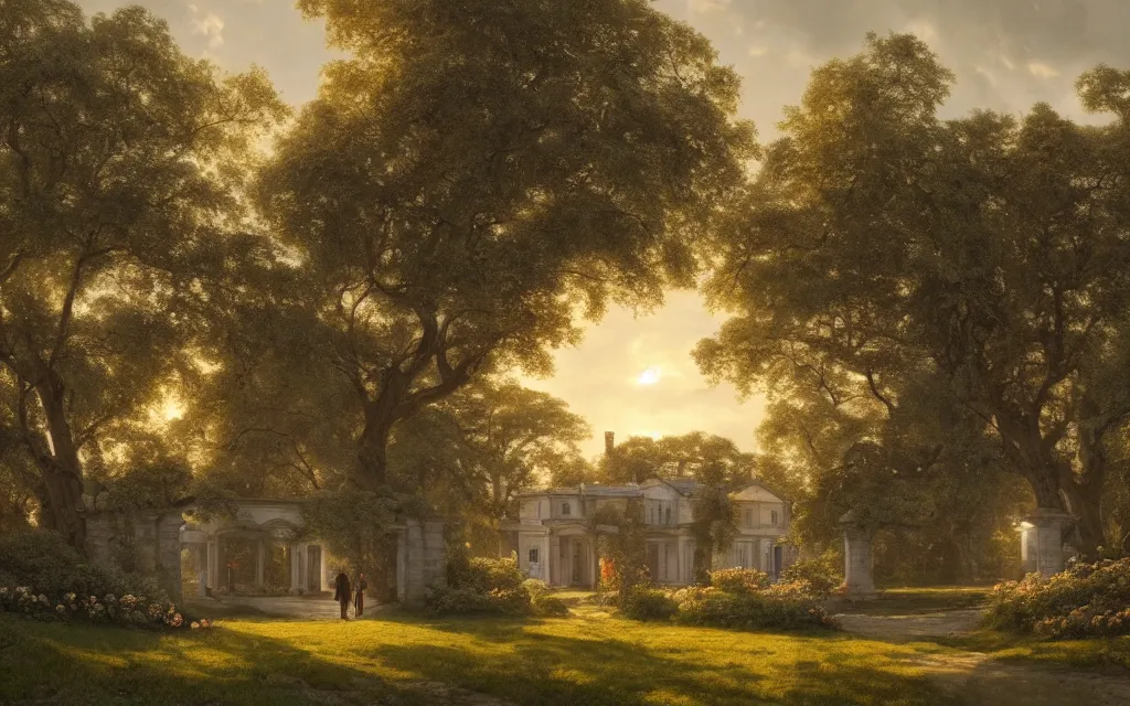 Prompt: a small country house, a small country house, an elderly couple under an avenue of roses, sunset, highly detailed, cinematic lighting, perfect composition, 4 k, gustave dore, derek zabrocki, greg rutkowski, belsinski, octane render