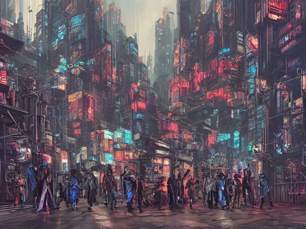 Image similar to a hyperrealistic matte painting of a cyberpunk gang on the streets of a lofty city, gritty, cyberpunk ads, piping, cables, art deco architecture, graffiti, fine detail, intricate, polished, blue color scheme, cinematic lighting, by hugh ferris, john smith, noriyoshi ohrai