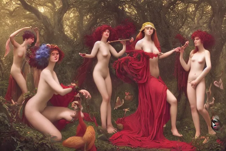 Prompt: the goddess of red solo cups surrounded by a court of nymphs, by tom bagshaw peter kemp