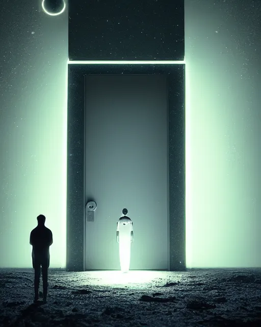 Image similar to a person standing in front of a glowy open door that's on a barren moon, poster art by mike winkelmann, trending on cg society, space art, sci - fi, ue 5, futuristic, volumetric lighting