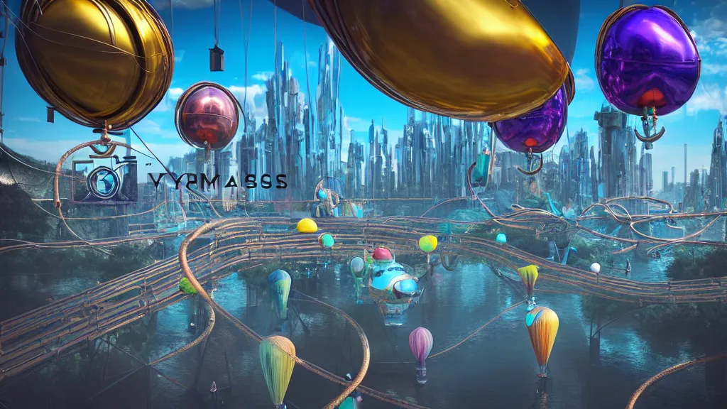 Image similar to large colorful futuristic space age metallic steampunk balloons with pipework and electrical wiring around the outside, and people on rope swings underneath, flying high over the beautiful futuristic city landscape, professional photography, 8 0 mm telephoto lens, realistic, detailed, digital art, unreal engine