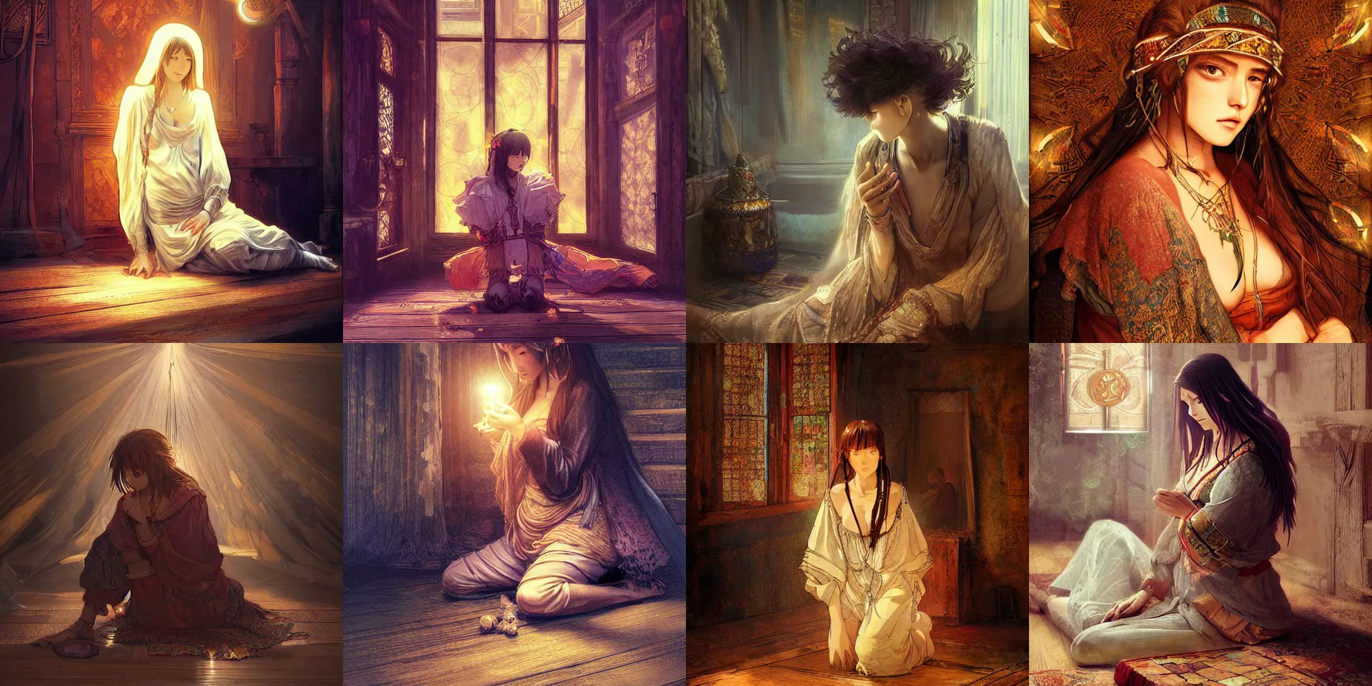 Prompt: Digital anime art by WLOP and Rembrandt, A beautiful gypsy woman, kneeling on floor, polished wooden floorboards, laying out Tarot cards, highly detailed, intriguing lighting