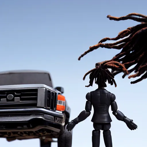 Image similar to black man action figure with dreads standing on top of a black rc pickup truck, close up photograph, white background