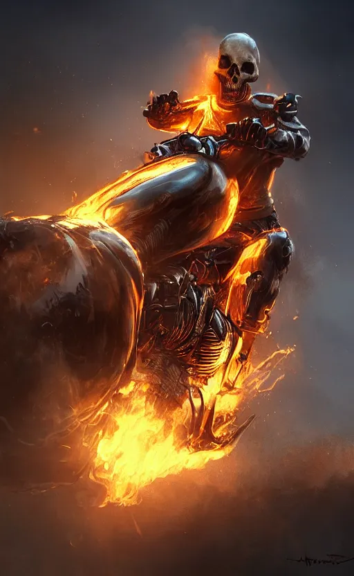 Image similar to dead as ghost rider, dynamic lighting, photorealistic fantasy concept art, trending on art station, stunning visuals, terrifying, creative, cinematic