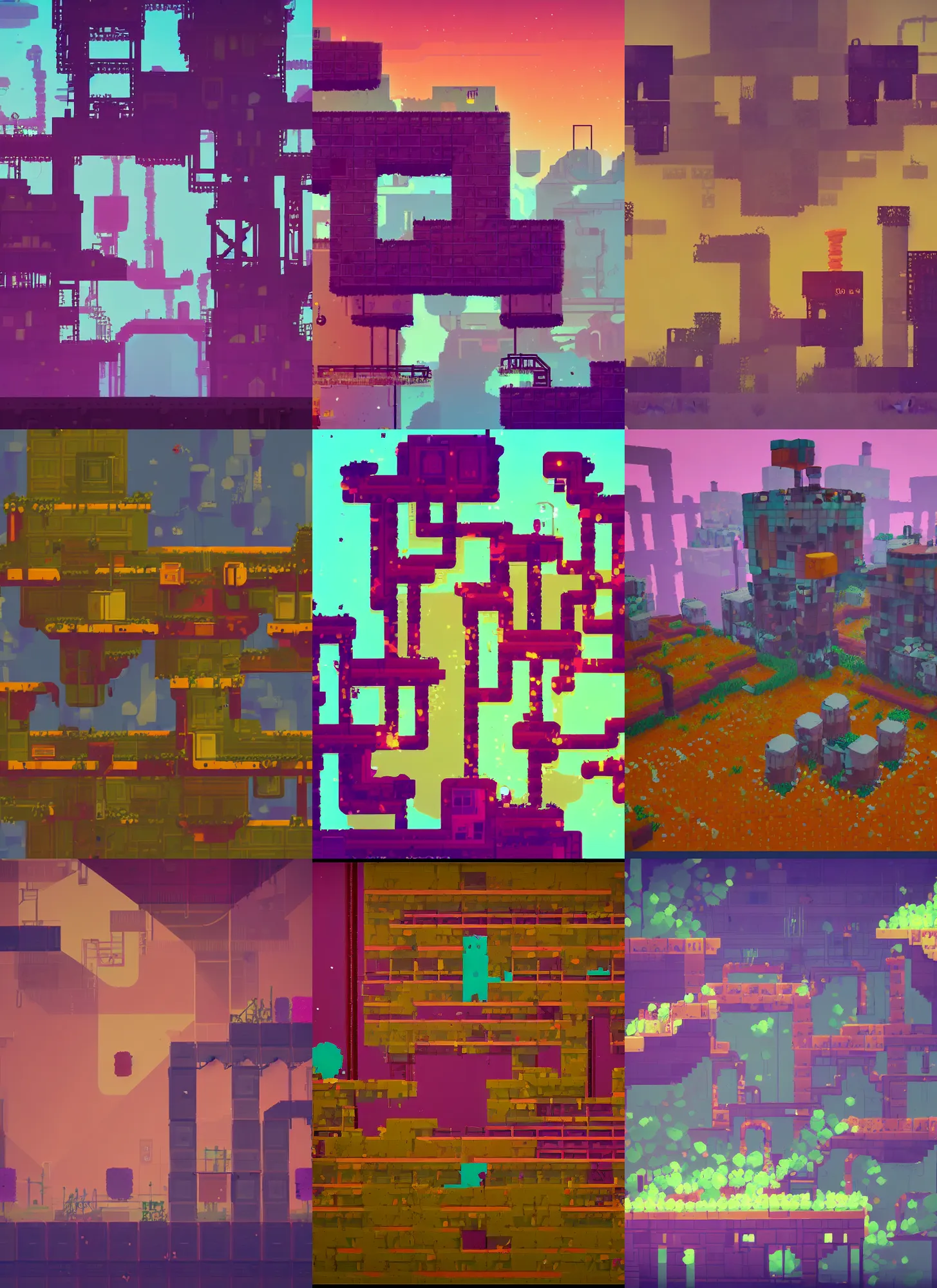 Prompt: an abandoned overgrown factory in the style of fez and celeste, atmospheric, orange and purple color scheme