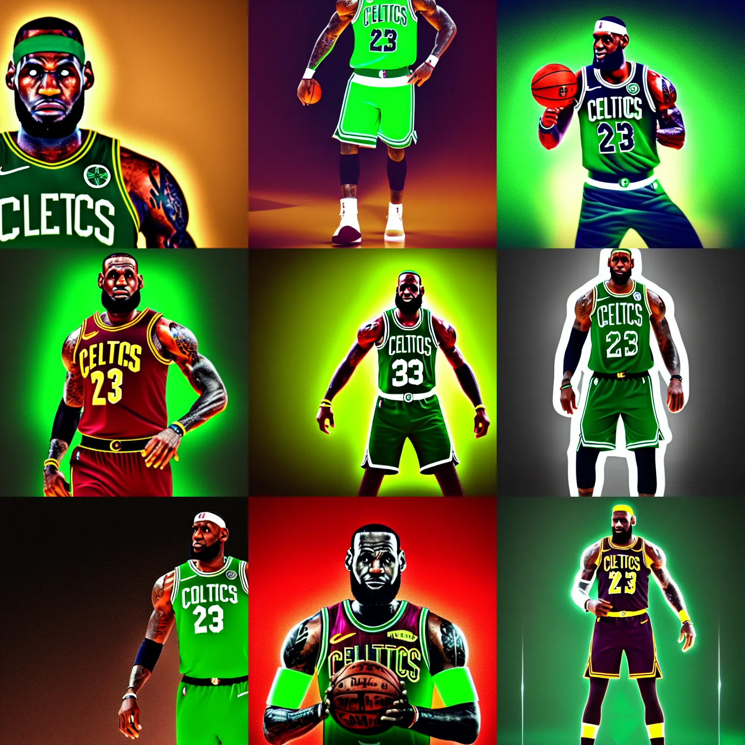 Prompt: lebron james as a boston celtics iron man, neon effect, fantasy concept design, trending on artstation, octane render