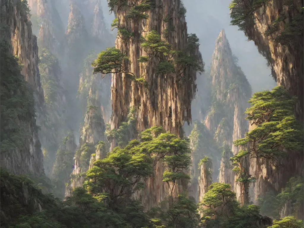 Prompt: landscape of huangshan with floating karst pillars in china with complex and immense buddisht temples sitting on hilltops, artwork by federico pelat, andreas rocha, greg rutkowski, artstation, scifi, hd, wide angle, view from inside a grotto