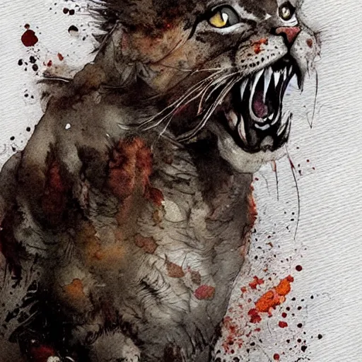 Prompt: vicious roaring kitty by Jean-Baptiste Monge, post processing, painterly, book illustration watercolor granular splatter dripping paper texture. Trending on artstation, post processing, pen and ink work. sharp focus.