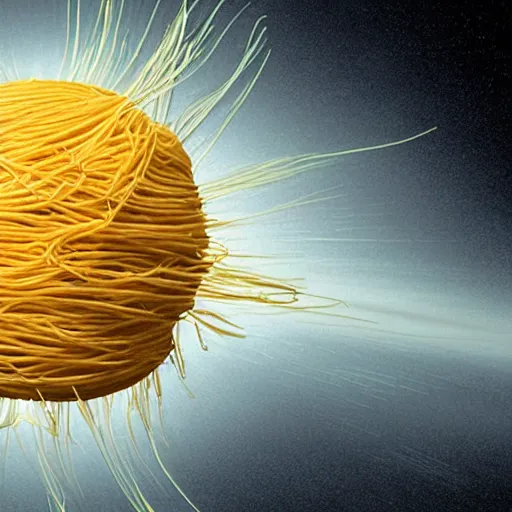 Prompt: a ball of spaghetti collapsing in a black hole singularly