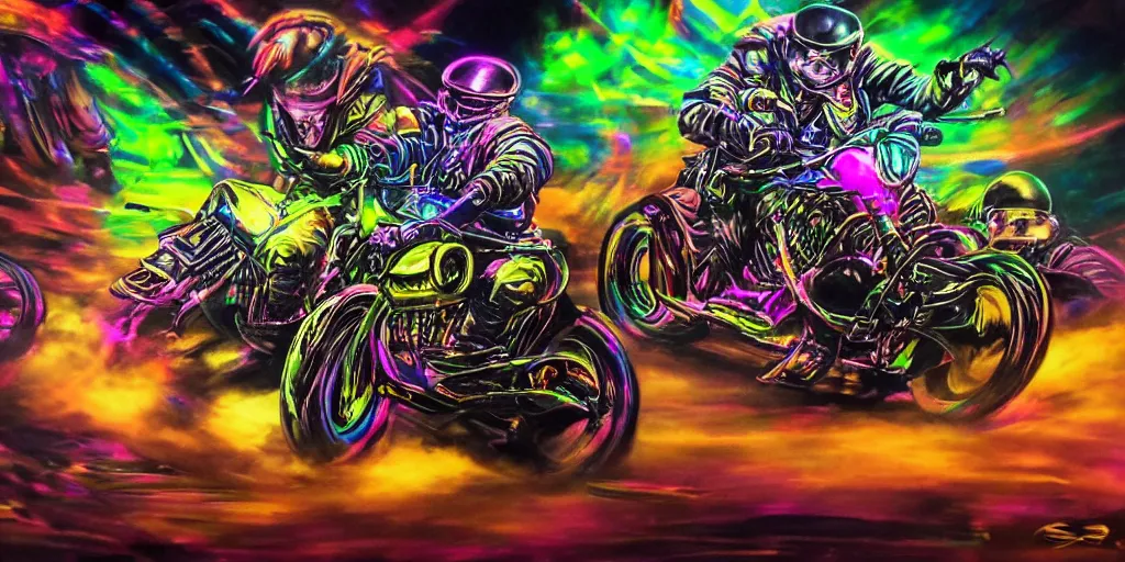 Prompt: psychedelic blacklight airbrush artwork, motorcycles, hyper stylized action shot of orc bikers racing on motorcycles, menacing orcs, drifting, skidding, wheelie, motorcycle tricks, clear focused details, soft airbrushed artwork, black background, cgsociety, artstation, stunning, masterpiece