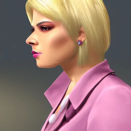 Prompt: A female mafia character with blond hair and pink clothing