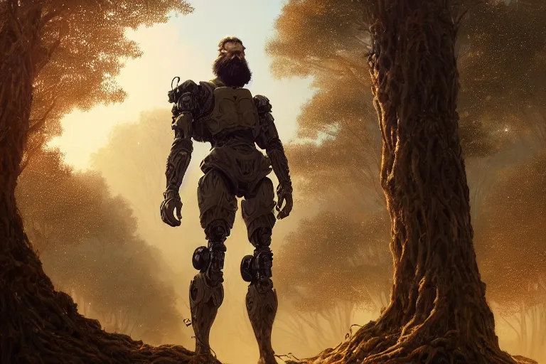 Image similar to detailed intricate digital illustration by greg rutkowski and artgerm and wlop and sanford robinson gifford ; bearded man standing next to his mech suit, standing in yggdrasil forest thick trees ; 1 3 mm film, arri alfa anamorphic lens ; sharp focus, golden hour lighting, gleaming sunlight rays ; trending on artstation 4 k ; close view