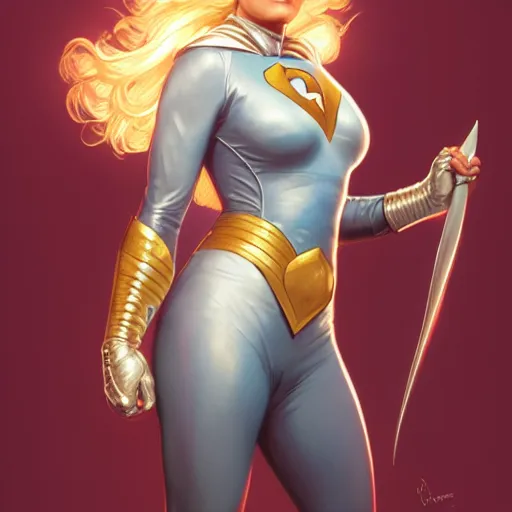 Image similar to Linda Carter as Power Girl, western, D&D, fantasy, intricate, elegant, highly detailed, digital painting, artstation, concept art, matte, sharp focus, illustration, art by Artgerm and Greg Rutkowski and Alphonse Mucha