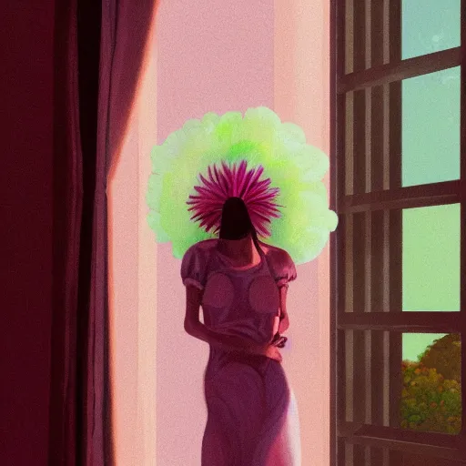 Image similar to closeup, giant flower head, woman next to modern windows, luxury apartment, surreal photography, dramatic light, impressionist painting, digital painting, artstation, james gilleard