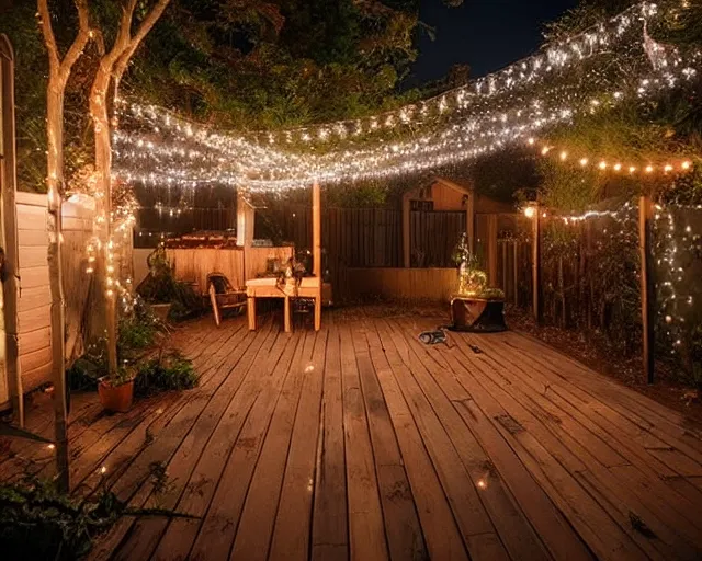 Prompt: a still photo of a backyard at night with fairy lights, house on the left side with wooden flooring, warm lighting, tumblr aesthetic