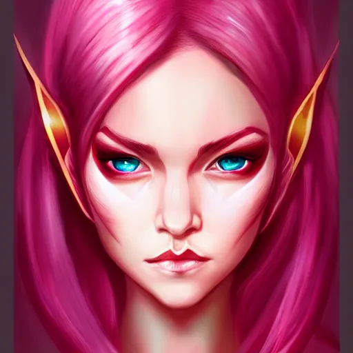 Image similar to half elf woman, beautiful, short pink hair, deep crimson eyes, digital art, smooth, character drawing, artstation, highly detailed, symmetry